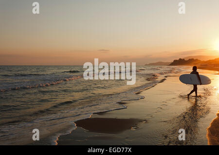 Surfer am Strand entlang in den Sonnenuntergang, Castiglione della Pescaia, Mediterranean Sea, Provinz Grosseto, Toskana, Italien, Europa Stockfoto