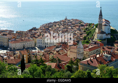 Blick Richtung Piran von der Stadtmauer, Golf von Triest, Slowenien Stockfoto