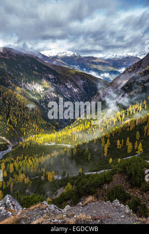 Blick über Val Cluozza im Herbst, Nationalpark, Kanton Graubünden, Schweiz Stockfoto