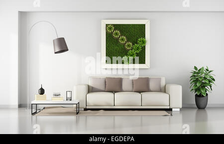 Minimalistischen Wohnzimmer mit vertikalen Garten in Rahmen an Wand - 3D Rendering Stockfoto