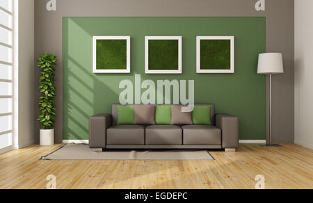 Modernes Wohnzimmer mit vertikalen Grass in Rahmen an Wand - 3D Rendering Stockfoto