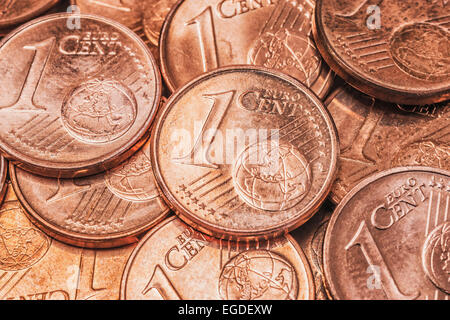 Viele 1-Euro-Cent-Münzen, Vorderseite Stockfoto