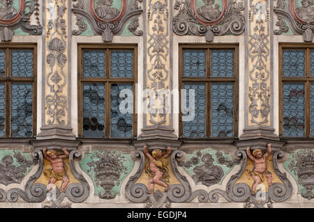 Details des historischen Rathauses, Landsberg am Lech, Upper Bavaria, Bavaria, Germany Stockfoto