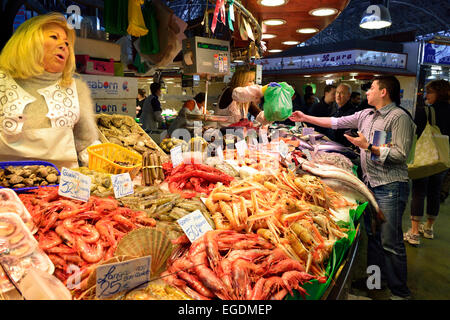 Fisch stall im Markt Boqueria, La Boqueria, La Rambla, Barcelona, Katalonien, Spanien Stockfoto