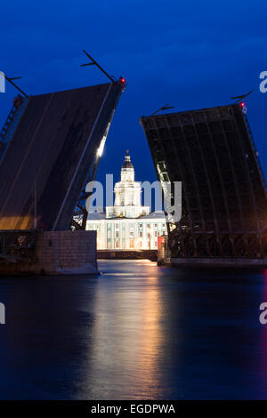 Videograffiti Brücke (Palast), offenen Zugbrücke mit Kunstkammer Museum auf der Newa während der weißen Nächte in St. Petersburg, Russland, Europa Stockfoto