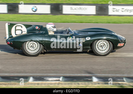 Der Jaguar D-Type ist ein Sport Rennwagen, die von Jaguar Cars Ltd. zwischen 1954 und 1957 produziert wurde. 1955 lange Nase Variante. Goodwood Revival Stockfoto