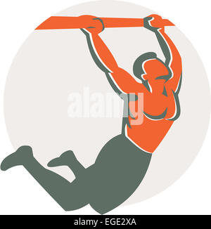 Beispiel für ein Körpergewicht von Crossfit Athlet ausüben Pull-up-bar Muskel bis zugewandten Seite im inneren Kreis getan im retro-Stil auf isolierten weißen Hintergrund hängen Stockfoto