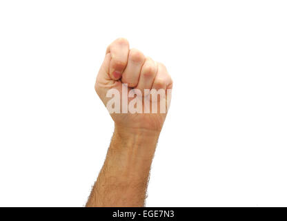 Kaukasischen Mann enge Faust isoliert auf weißem Hintergrund. Kommunismus-Konzept Stockfoto