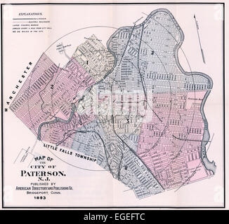 Karte von der Stadt Paterson, NJ 1893 Stockfoto