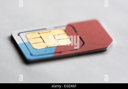 Nahaufnahme von einer SIM-Karte (Subscriber Identity Module Karte) für Mobiltelefone. Stockfoto