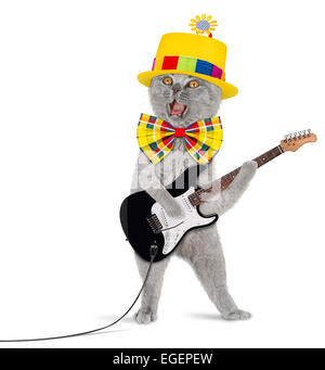Katze Mit Elektrischer Guitarre Fliege Und Buntem Hütte. Stockfoto