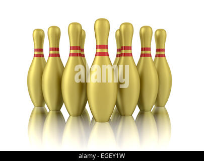 zehn goldene Bowling-Pins isoliert auf weißem Hintergrund Stockfoto