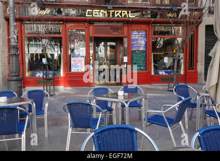 Cafe central Fassade am Plaza del Ángel, Madrid, Spanien. Stockfoto