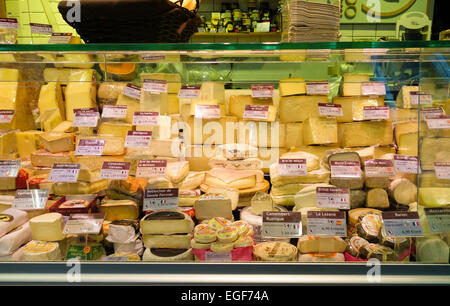 Verschiedene Käsesorten auf dem Display an Käse Shop, San Anton Markthalle, Madrid, Spanien. Stockfoto