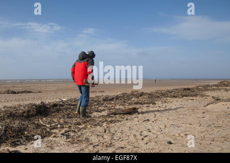 Rentner driftwood Sammeln hinterlegt auf dem Vorland, an der High Water Mark, nachdem über Nacht Sturmwind in der Irischen See links am Strand von Treibholz, Müll und Schmutz bedeckt Stockfoto