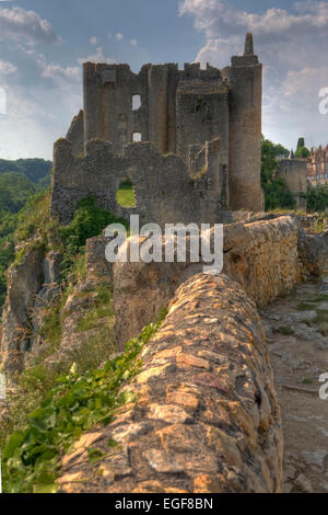 Eine Burgruine am Flussufer in Winkel Sur L'Anglin, Frankreich Stockfoto