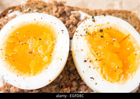 Sandwich mit Ei und Hackfleisch / Faschiertes zum Frühstück Stockfoto