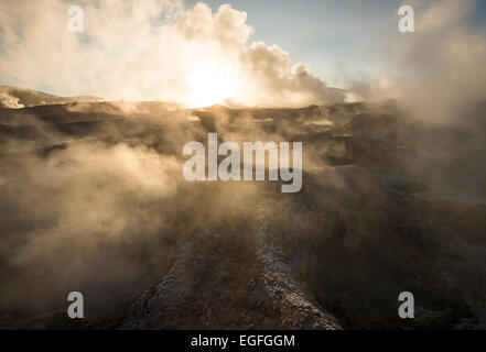 Sol de Mañana Geysir im Morgengrauen, Reserva Eduardo Avaroa, Bolivien Stockfoto