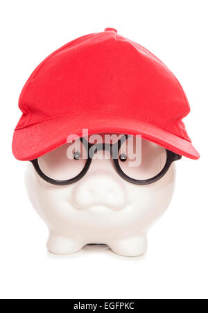 Nerdy clever Piggy Bank-Ausschnitt Stockfoto