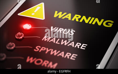 Virus-Angriff-Konzept. Control Panel mit Rotlicht und Warnung. Konzeptbild Symbol der Infektion des Computers. Stockfoto
