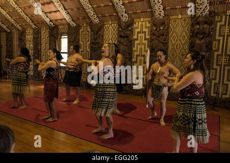 Te Pitowhenua Gruppe von Darstellern Handeln einen traditionelle Maori Schuh mit Gesang und Tanz für Touristen und Besucher in die Waitangi zu behandeln Stockfoto