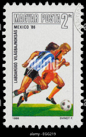 Ungarn - CIRCA 1986: Satz von Briefmarken gedruckt in Ungarn von den "World Cup Football Championship, Mexiko" Ausgabe zeigt Spielern, Stockfoto