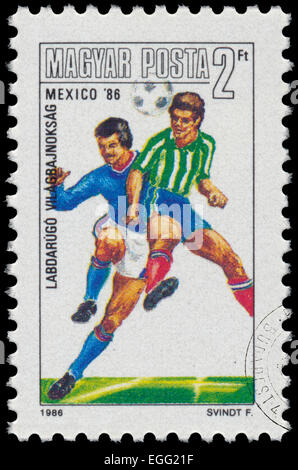 Ungarn - CIRCA 1986: Satz von Briefmarken gedruckt in Ungarn von den "World Cup Football Championship, Mexiko" Ausgabe zeigt Spielern, Stockfoto