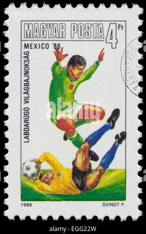 Ungarn - CIRCA 1986: Satz von Briefmarken gedruckt in Ungarn von den "World Cup Football Championship, Mexiko" Ausgabe zeigt Spielern, Stockfoto