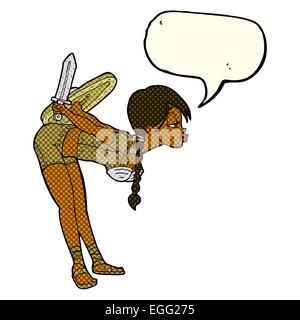 Cartoon-Viking Mädchen verbeugte sich mit Sprechblase Stock Vektor