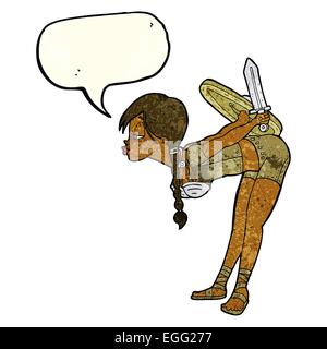 Cartoon-Viking Mädchen verbeugte sich mit Sprechblase Stock Vektor