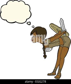 Cartoon-Viking Mädchen verbeugte sich mit Gedankenblase Stock Vektor