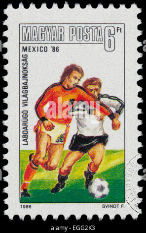 Ungarn - CIRCA 1986: Satz von Briefmarken gedruckt in Ungarn von den "World Cup Football Championship, Mexiko" Ausgabe zeigt Spielern, Stockfoto