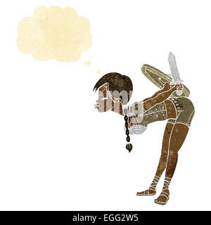 Cartoon-Viking Mädchen verbeugte sich mit Gedankenblase Stock Vektor