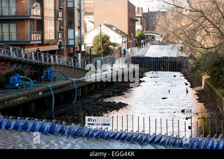 Birmingham, West Midlands, UK. 24. Februar 2015. Eine 200m-Strecke von Worcestershire und Birmingham Kanal in der Nähe von Gas Street Basin bleibt durchlässigen, wie Ingenieure arbeiten, um ein Leck zu reparieren. Den Kanal und Fluss Vertrauen hunderte Fische aus dem Abschnitt gerettet vor Arbeit zu finden und das Leck zu reparieren. Bildnachweis: Colin Underhill/Alamy Live-Nachrichten Stockfoto