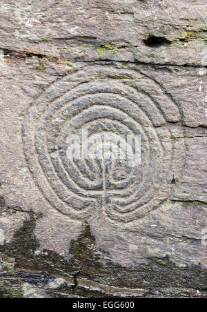 Steinbildhauen, Labyrinth-Design, "Rocky Valley", Cornwall, England, UK Stockfoto