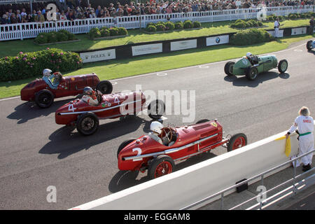 Ein köstliches Startraster mit Umberto Rossis hellrotem Alfa Romeo Tipo B aus dem Jahr 1934, Goodwood Revival, Großbritannien Stockfoto