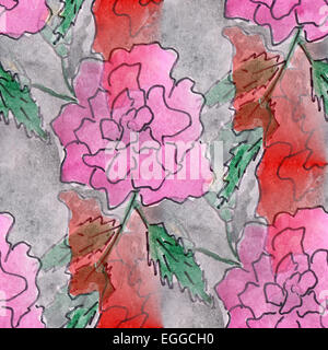 Flecken-rosa und rot Pflanzen Aquarellmalerei nahtlose Hintergrund Stockfoto