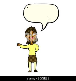 Cartoon-Frau Gestikulieren um etwas mit Sprechblase anzeigen Stock Vektor