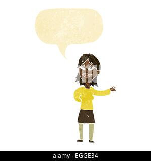 Cartoon-Frau Gestikulieren um etwas mit Sprechblase anzeigen Stock Vektor