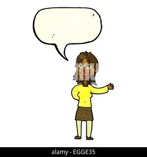Cartoon-Frau Gestikulieren um etwas mit Sprechblase anzeigen Stock Vektor