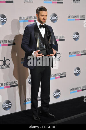 LOS ANGELES, CA - 24. November 2013: Justin Timberlake im Drucksaal bei 2013 American Music Awards im Nokia Theater, LA Live. Stockfoto