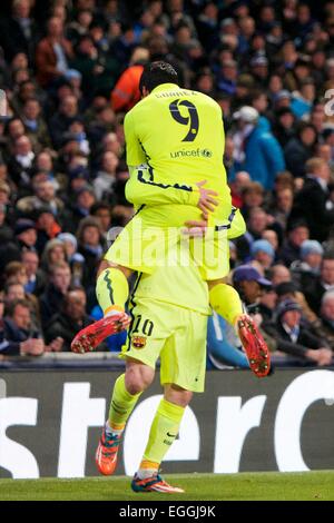 Manchester, UK. 24. Februar 2015. Champions League Fußball. Manchester City gegen Barcelona. FC Barcelona nach vorne Luis Suarez feiert erzielte das erste Tor der Spiele. Bildnachweis: Aktion Plus Sport/Alamy Live-Nachrichten Stockfoto