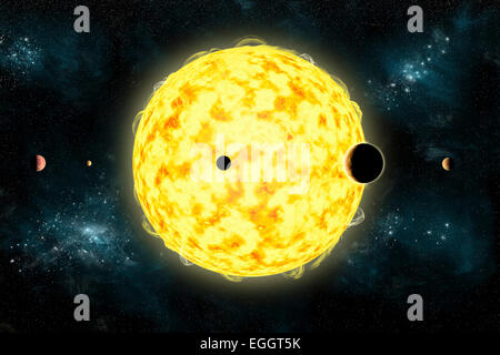 Des Künstlers Konzept der Kepler-444. Es ist derzeit das älteste bekannte Planetensystem in unserer Galaxie. Alle fünf Planeten sind kleinere th Stockfoto