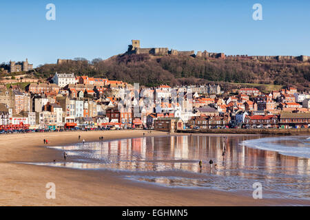 Einem hellen Wintertag in Scarborough, North Yorkshire, England, Vereinigtes Königreich, ein Blick über den Strand zum Schloss, mit Menschen, die Hunden spazieren. Stockfoto