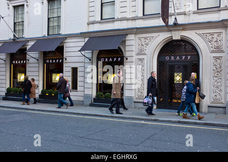 Graff-Diamant-Schmuck-Shop, eines der ältesten Geschäfte in der Bond Street mit berühmten Kunden während Jahrzehnten, Mayfair, London Stockfoto