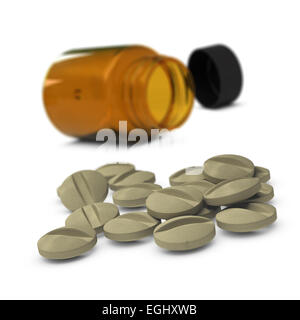 Viele Tabletten von Lebensmitteln ergänzt mit Flasche im Hintergrund über weiße, Symbol der Medikation. Stockfoto