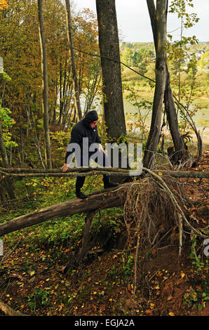 Wilde Herbstwald mit gelben Laub und der Mann geht auf einen Stamm des Baumes liegen. Stockfoto