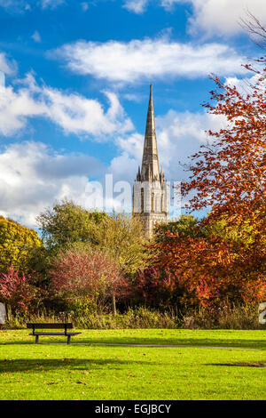 Ein Herbst Blick auf den Turm der mittelalterlichen Kathedrale von Salisbury in Wiltshire. Stockfoto