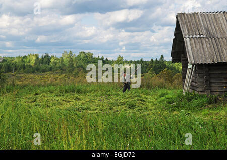 Am Dorf Garten Rasen zu mähen. Stockfoto