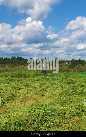 Am Dorf Garten Rasen zu mähen. Stockfoto